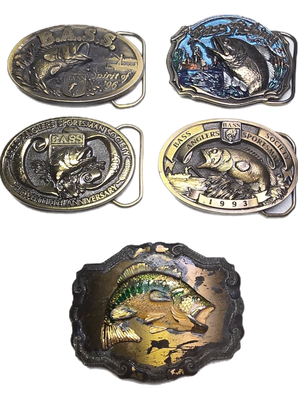 Vtg 90s Lot of 5 Brass BELT BUCKLES BASS Society Anglers Sportsman Fishing *READ
